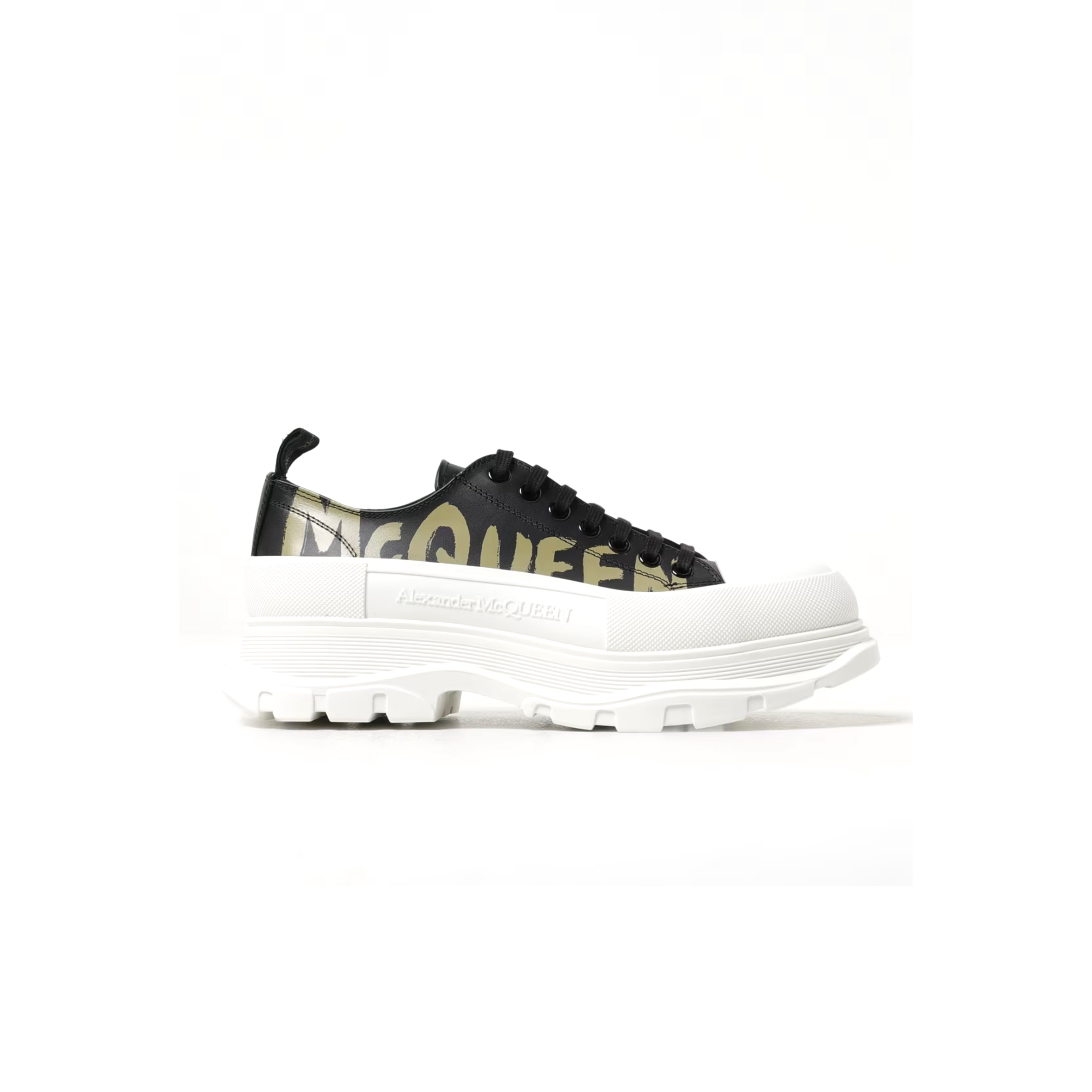 Ale*d*r m*q*en tread slick lace up graffiti logo black khaki 777961wiat61680